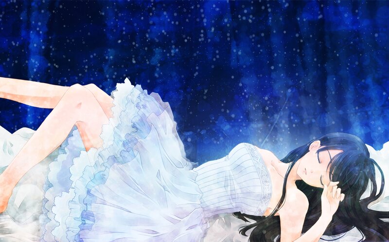 Anime Girl Sleeping — Blue, Serene, Night, Digital Art, Dress