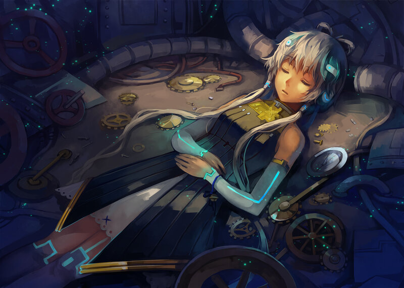 Anime Girl Sleeping — Blue, Serene, Night, Digital Art, Mechanical Parts
