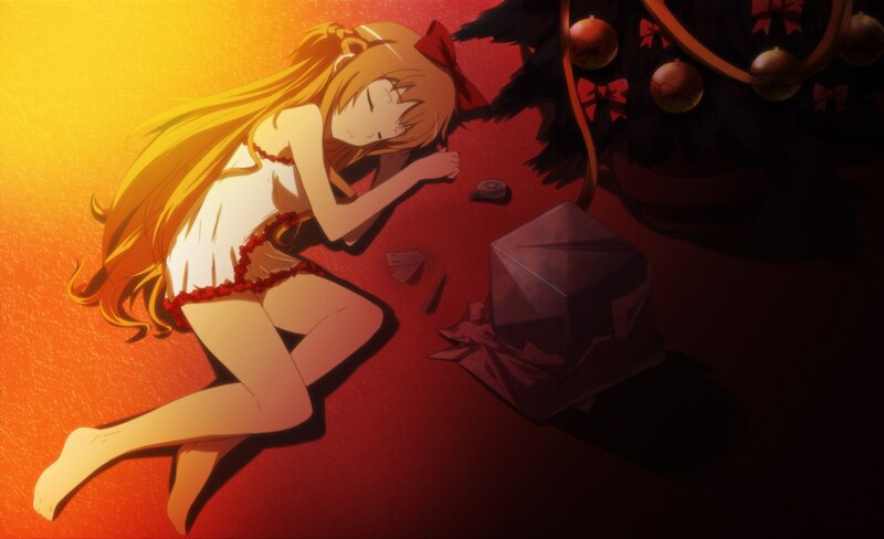 Anime girl sleeping by Christmas tree