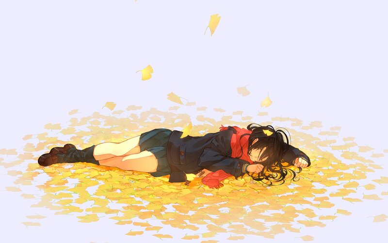 anime girl sleeping in autumn leaves