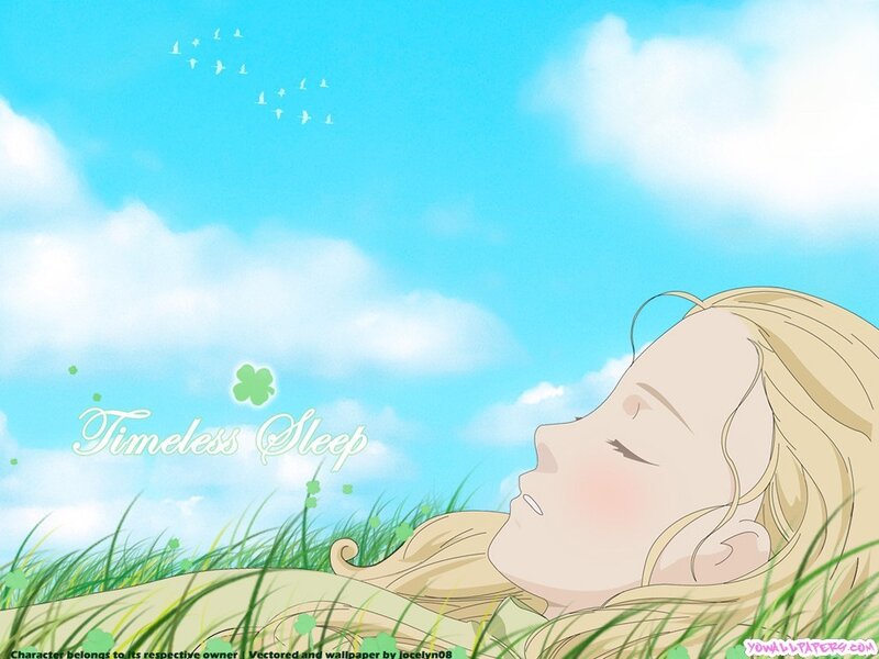 Anime girl sleeping in field