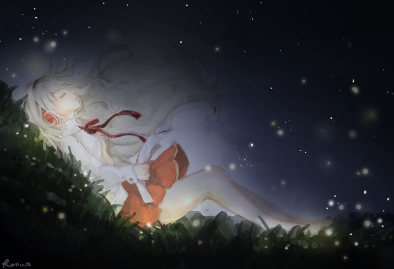 Anime girl sleeping in grass