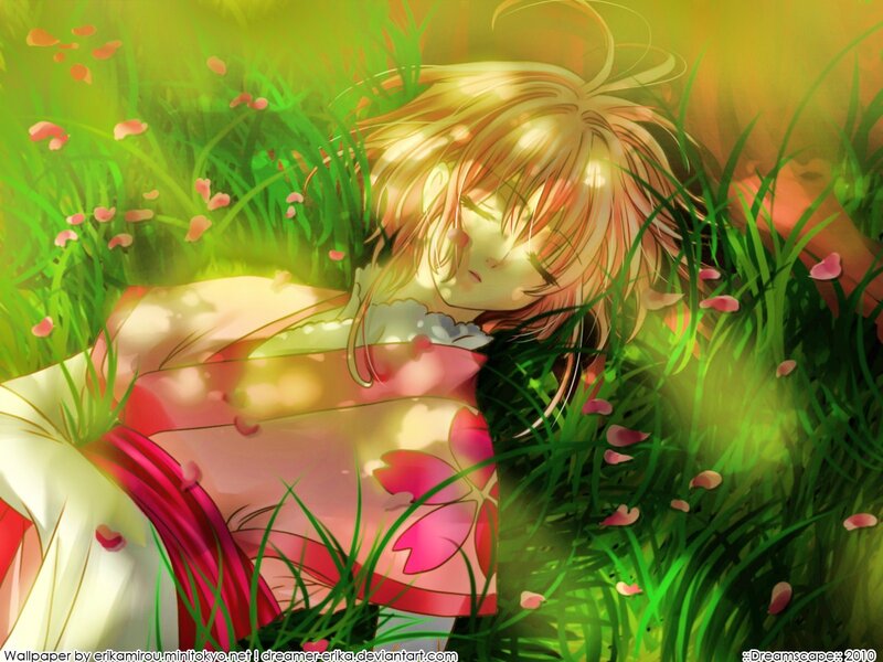 Anime girl sleeping in grass