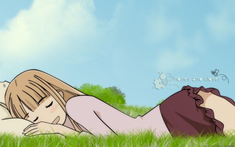 Anime girl sleeping in grass