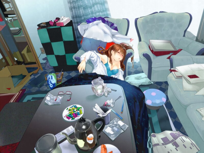 Anime girl sleeping in messy room