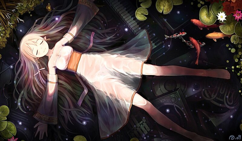 Anime girl sleeping in pond