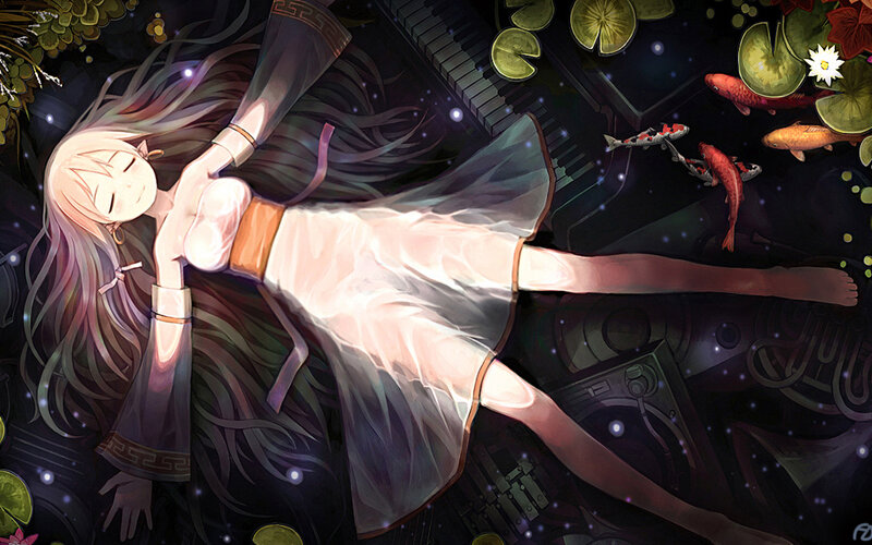 Anime girl sleeping in pond