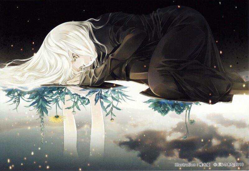Anime girl sleeping on a mirror