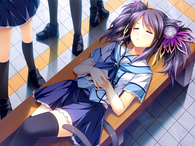 Anime girl sleeping on bench