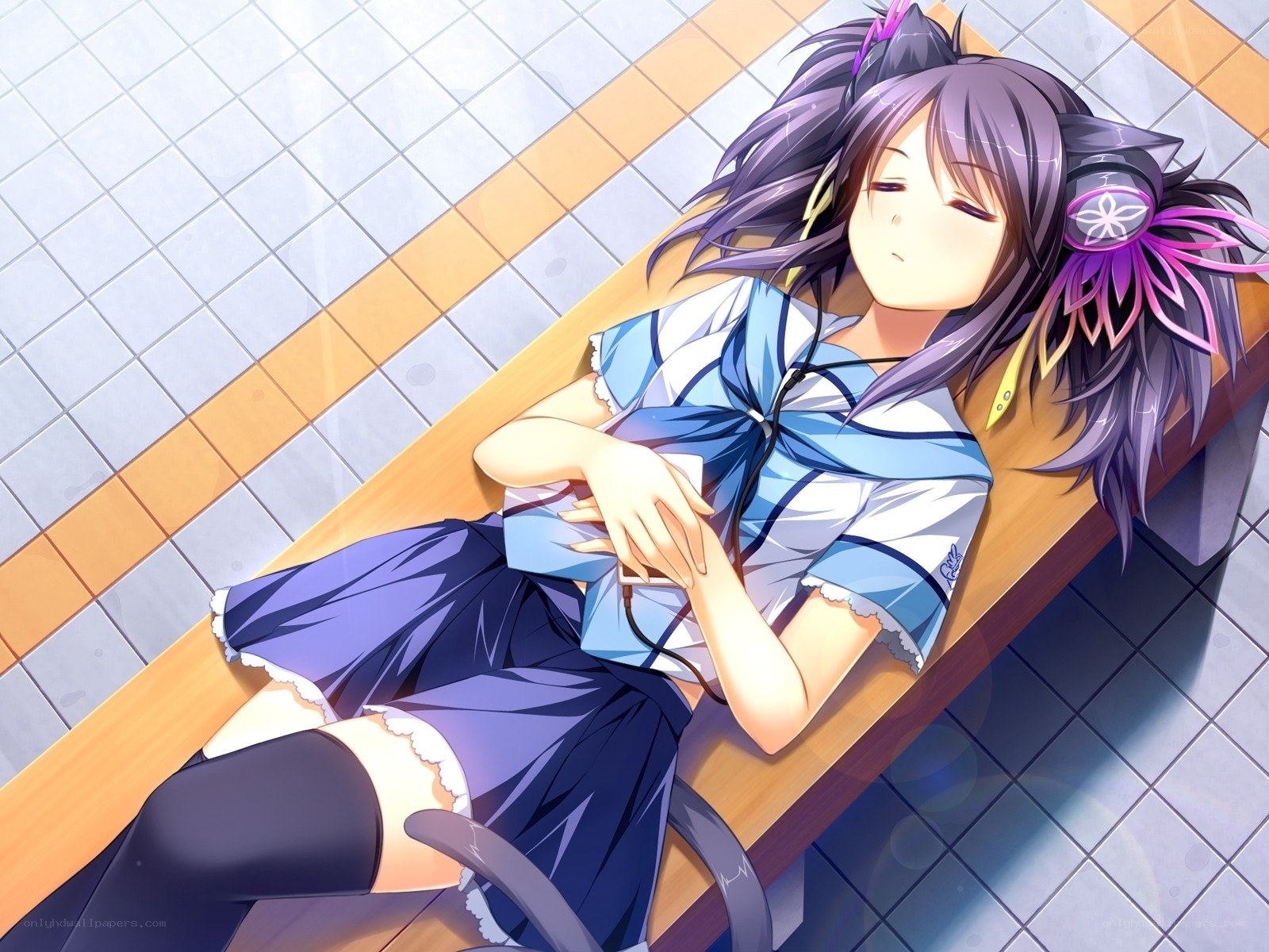 Anime girl sleeping on bench