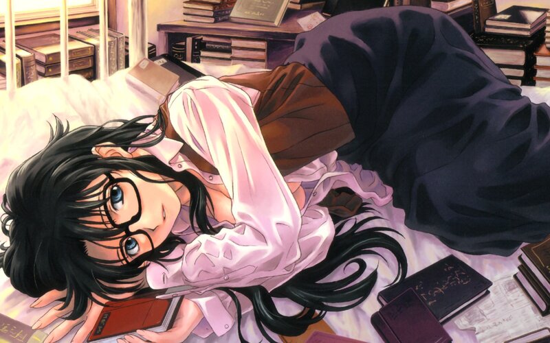 anime girl sleeping on books