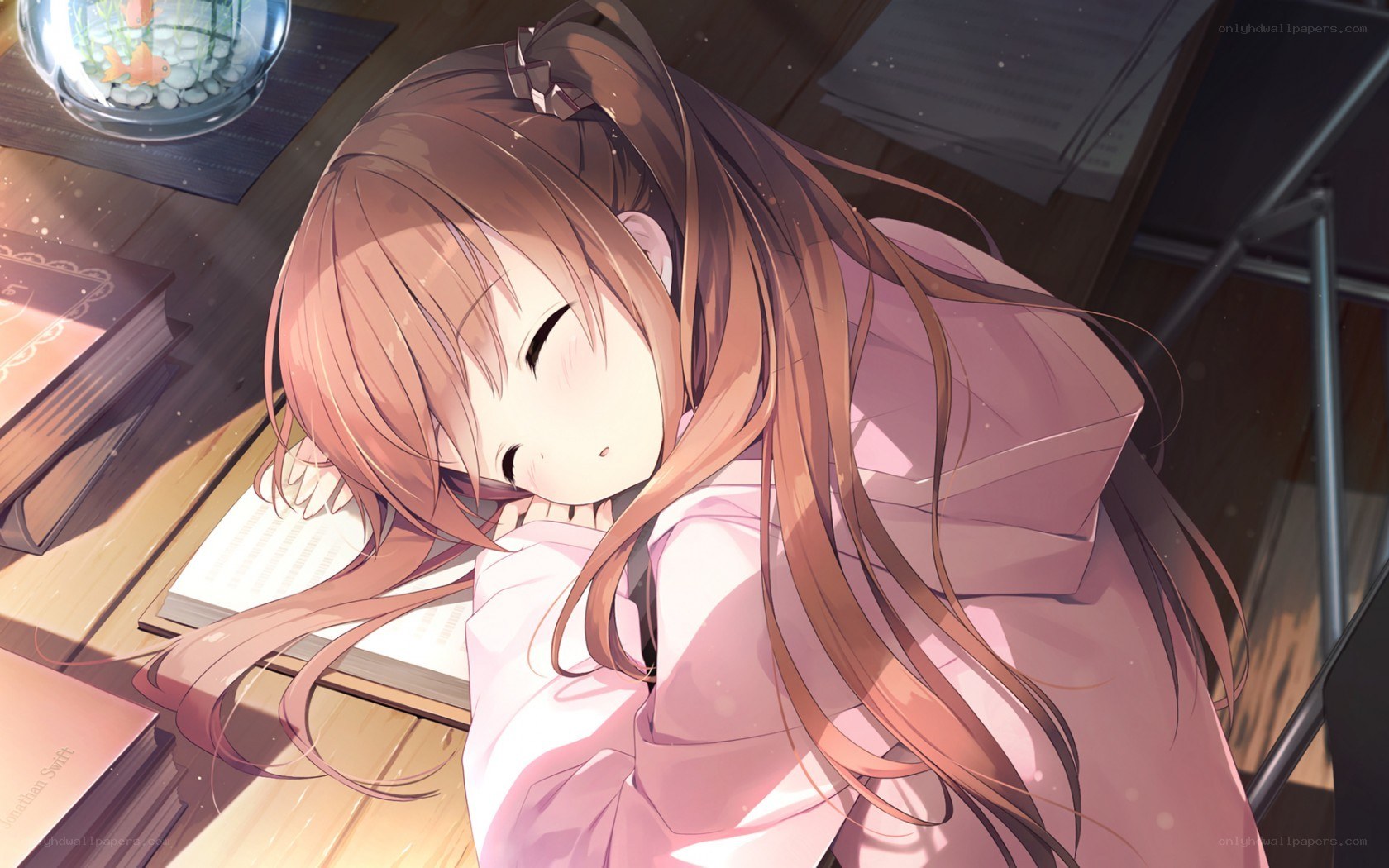 Anime girl sleeping on desk