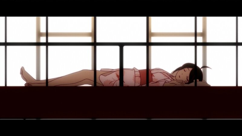 anime girl sleeping on futon