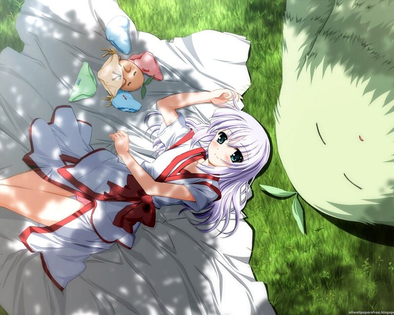 Anime girl sleeping on grass