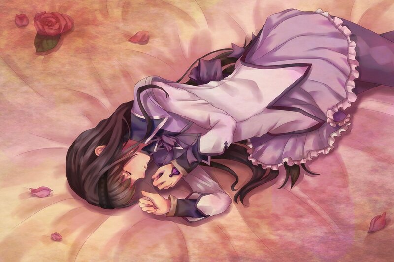 Anime girl sleeping on rose petals