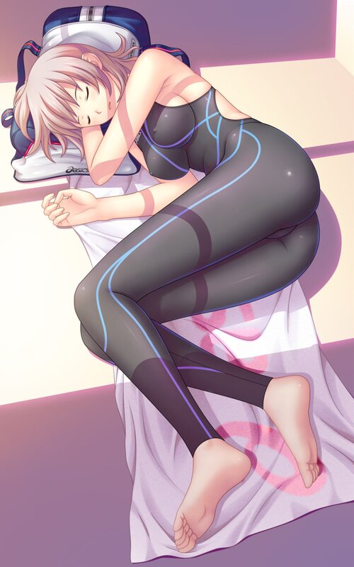 anime girl sleeping on towel