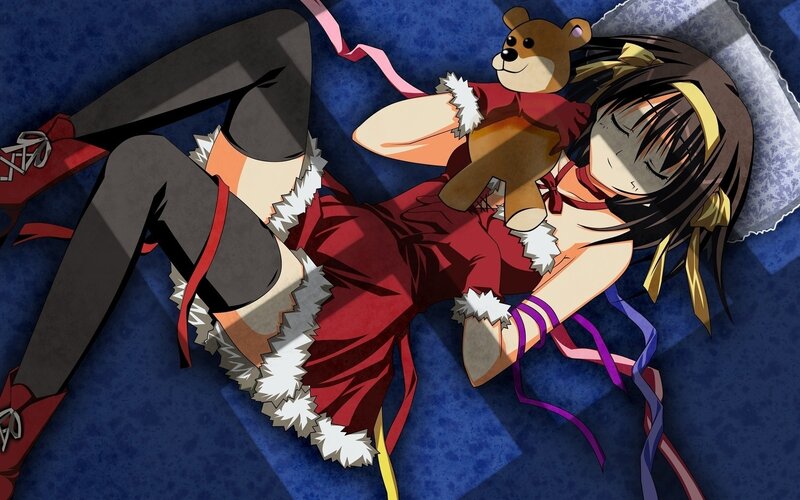 Anime Girl Sleeping — Red, Peaceful, Teddy Bear