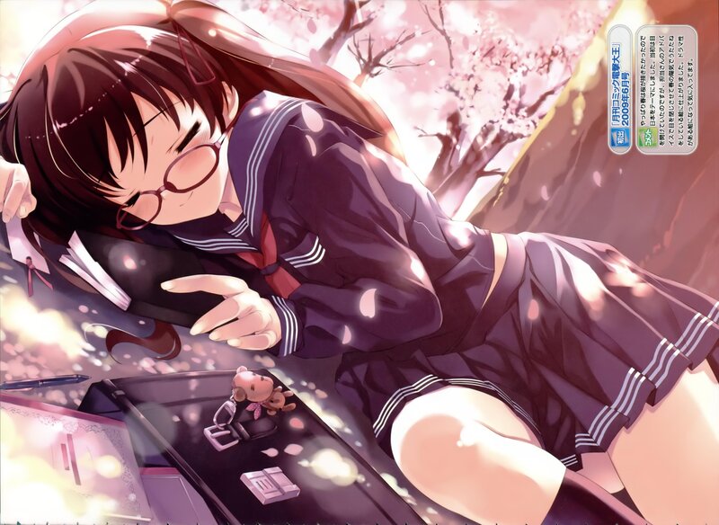 Anime girl sleeping under cherry blossoms