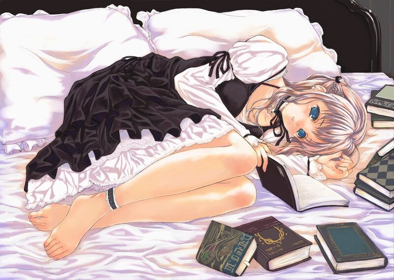 Anime girl sleeping with books