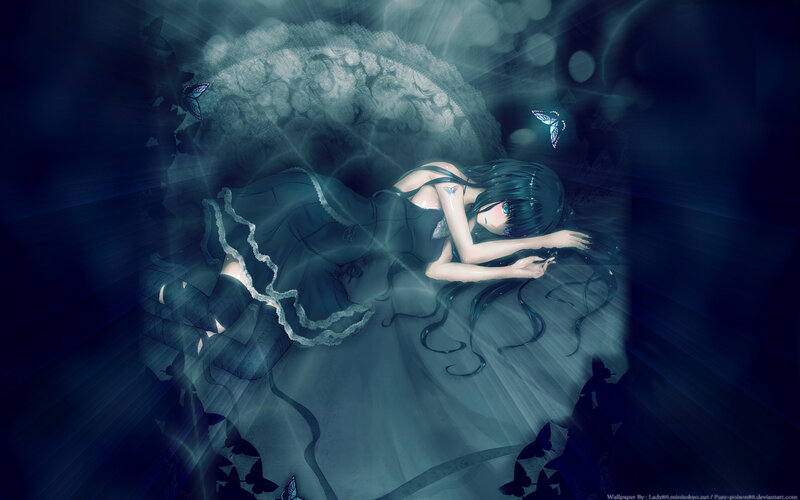 Anime girl sleeping with butterflies