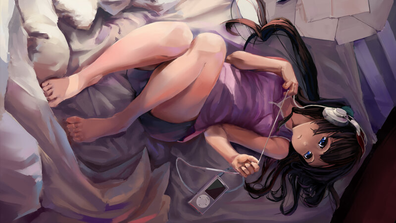Anime girl sleeping with headphones