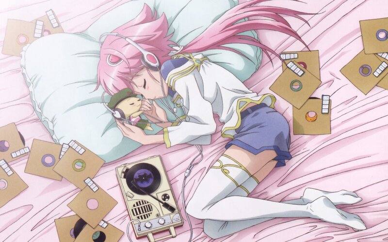 Anime girl sleeping with headphones