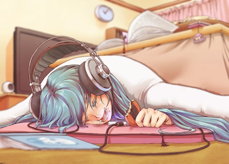 Anime girl sleeping with headphones