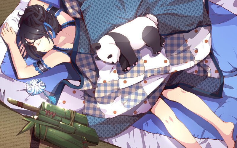 Anime Girl Sleeping with Panda — Blue, Peaceful