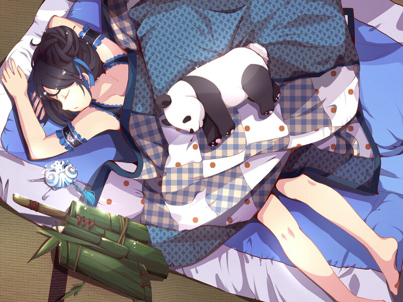 Anime Girl Sleeping with Panda — Blue, Serene