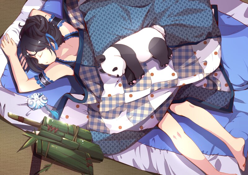 Anime girl sleeping with panda
