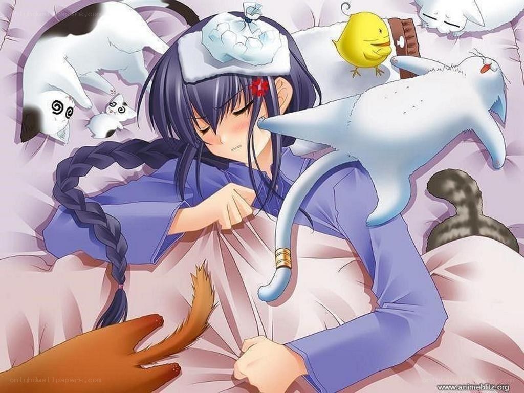 Anime girl sleeping with pets