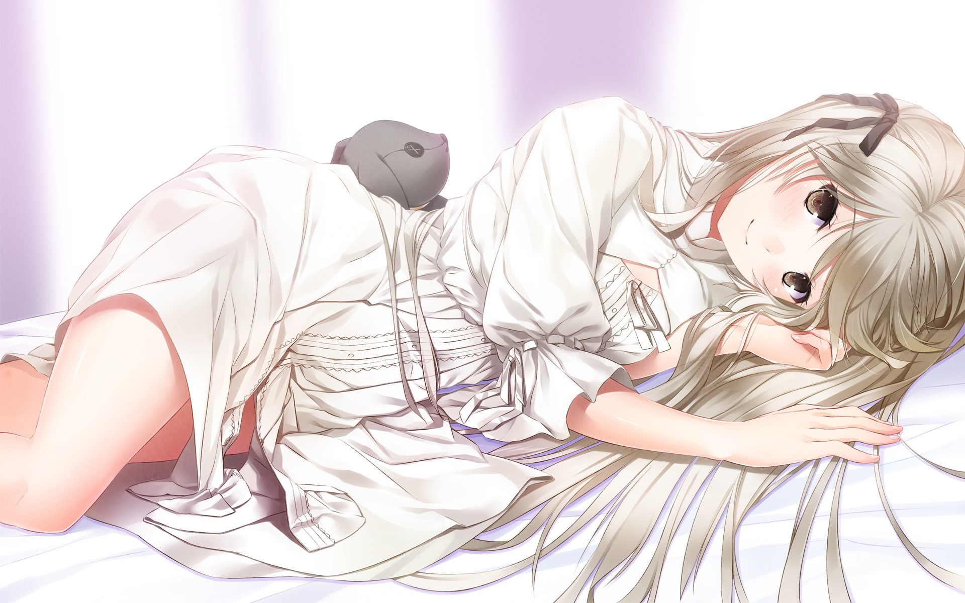Anime girl sleeping with plush