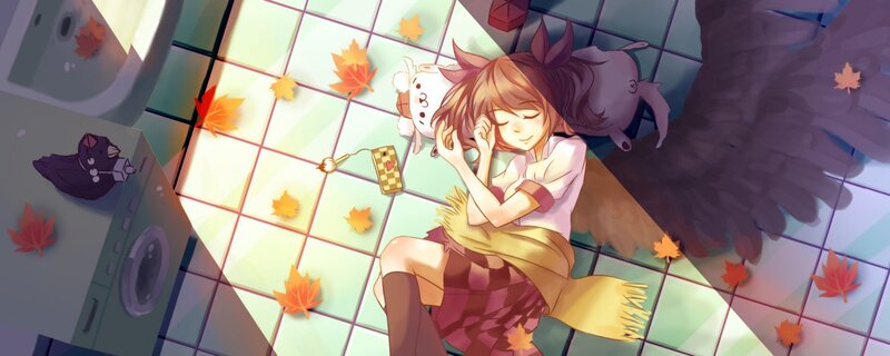 Anime girl sleeping with plushies