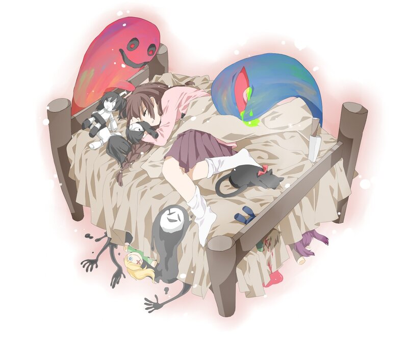 Anime girl sleeping with spirits