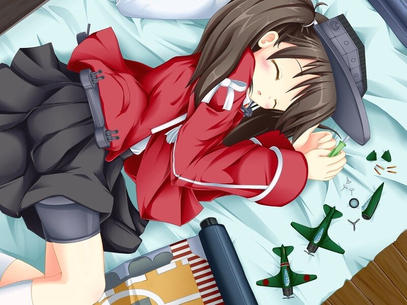 Anime girl sleeping with toys