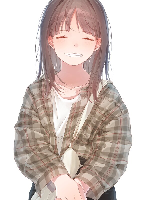 Anime Girl Smiling — Brown, Happy, Plaid Shirt