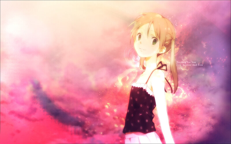 anime girl smiling in pink light