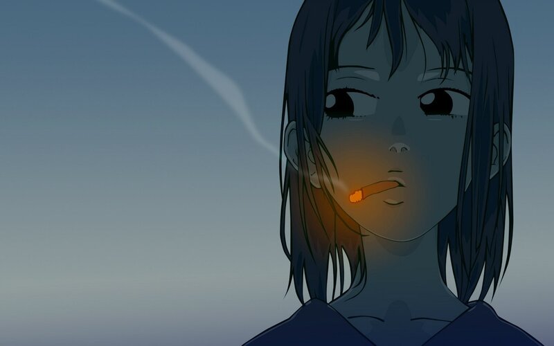 Anime Girl Smoking — Blue, Dramatic, Sunset