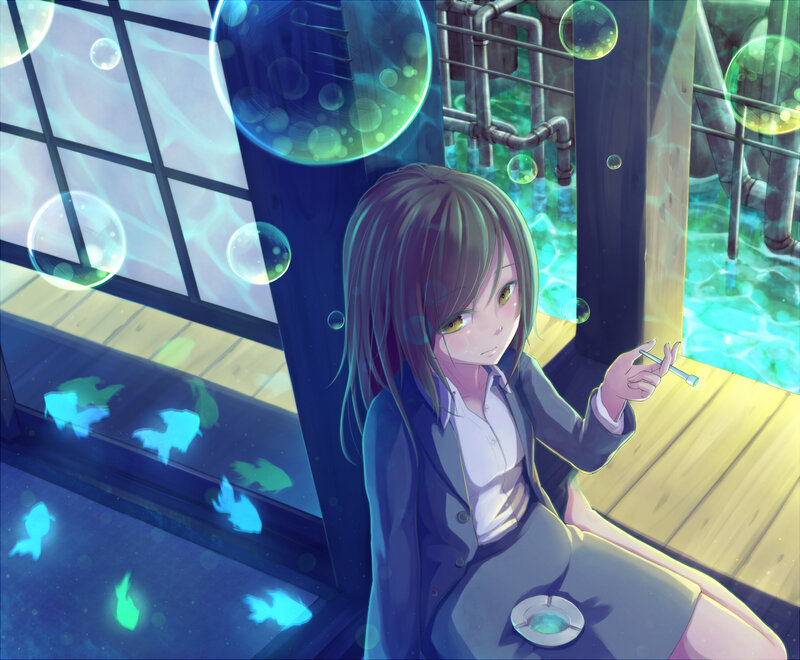 Anime Girl Smoking — Blue, Serene