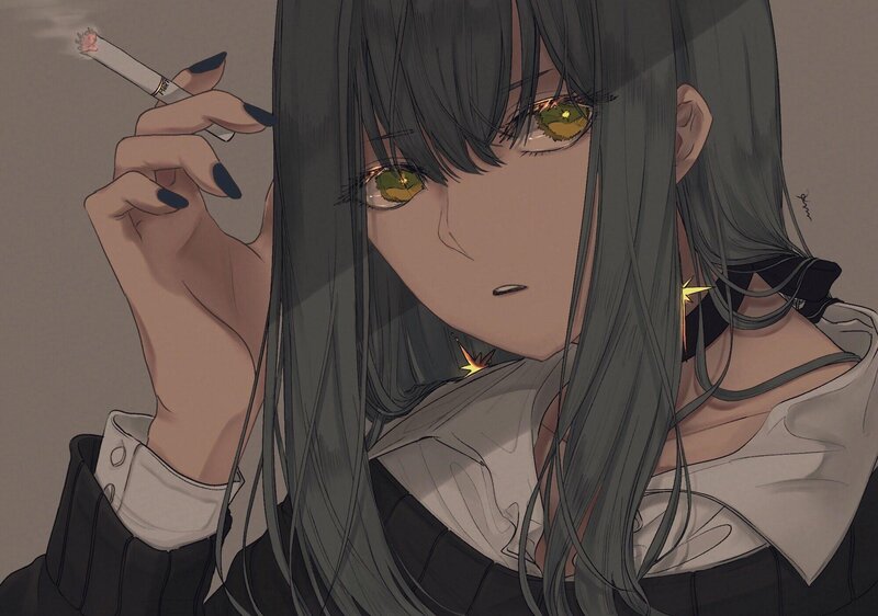 Anime Girl Smoking — Gray, Melancholic, Digital Art, Cigarette