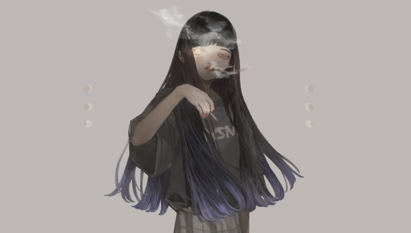 Anime Girl Smoking — Gray, Melancholic, Digital Art, Smoke