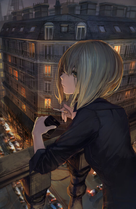 Anime Girl Smoking — Gray, Melancholic, Night