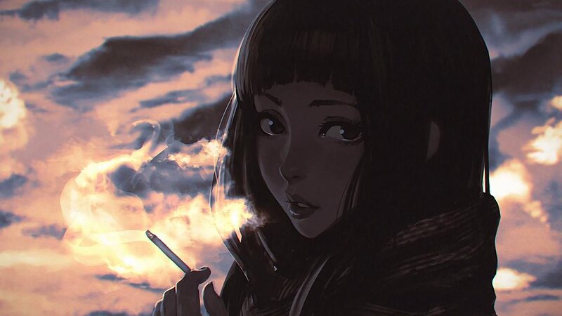Anime Girl Smoking — Orange, Dramatic, Sunset