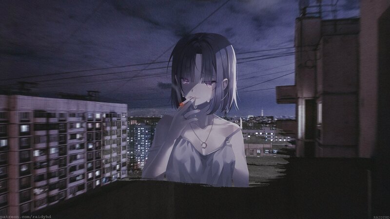 Anime Girl Smoking — Purple, Melancholic, Night, Digital Art
