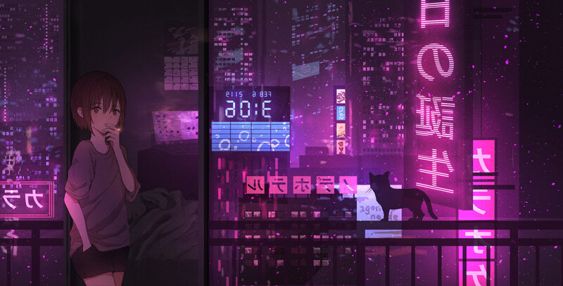 Anime Girl Smoking — Purple, Nocturnal, Night