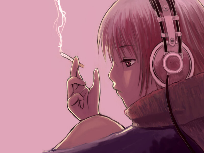 anime girl smoking with headphones