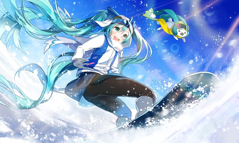 Anime Girl Snowboarding — Blue, Dynamic, Winter