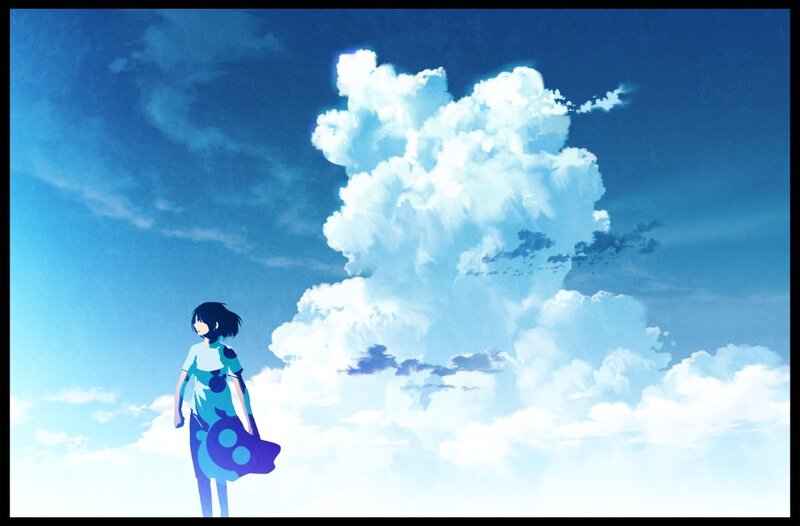 Anime Girl Standing — Blue, Serene, Afternoon