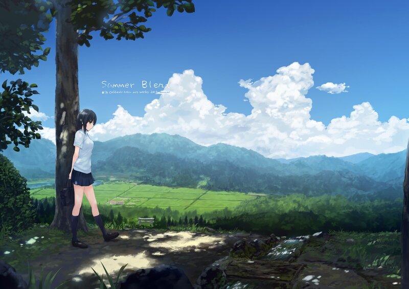 Anime Girl Standing — Blue, Serene, Summer