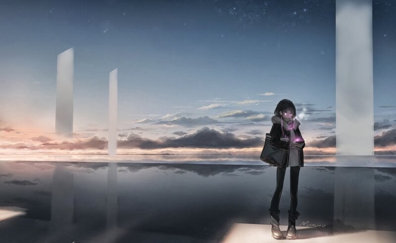 Anime Girl Standing — Blue, Serene